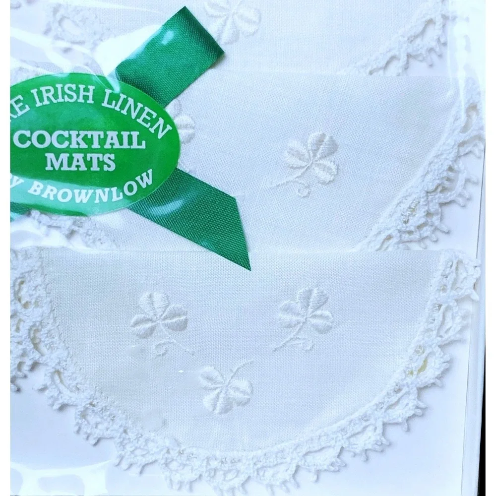 Irish Linen White Cocktail Mat Coasters 6pc Lace Edged Shamrock Embroidered NOS